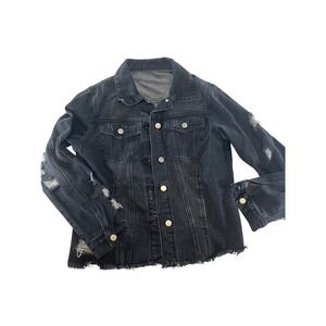 Womens Black Distressed Denim Jacket Small Button Up Raw Hem Frayed‎ Ripped Jean